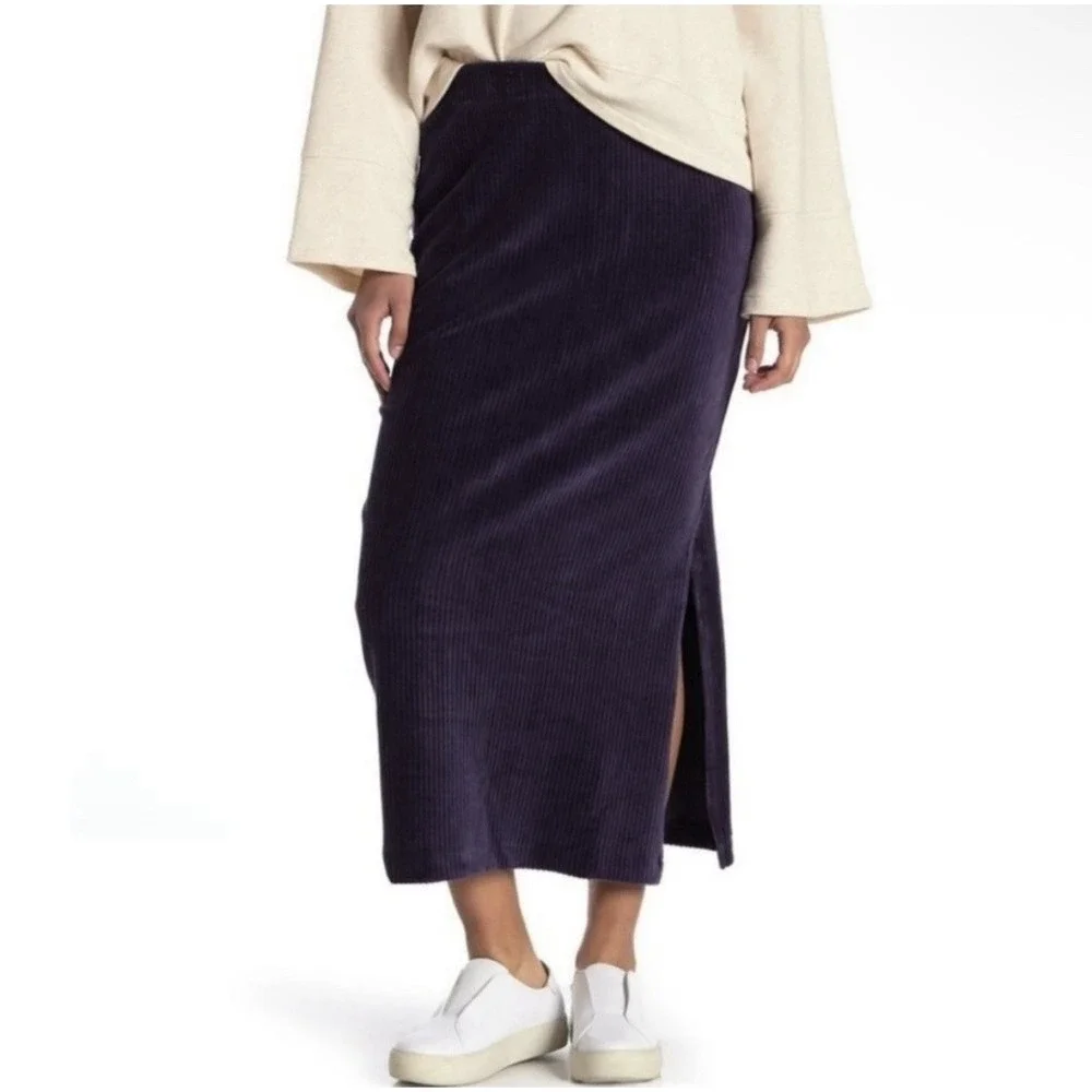 Free People Helen Rib Tube Midi Skirt Sz S Elastic Waist Side Slit Corduroy
